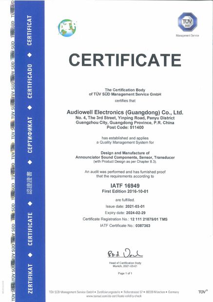 China Audiowell Electronics (Guangdong) Co.,Ltd. certificaten